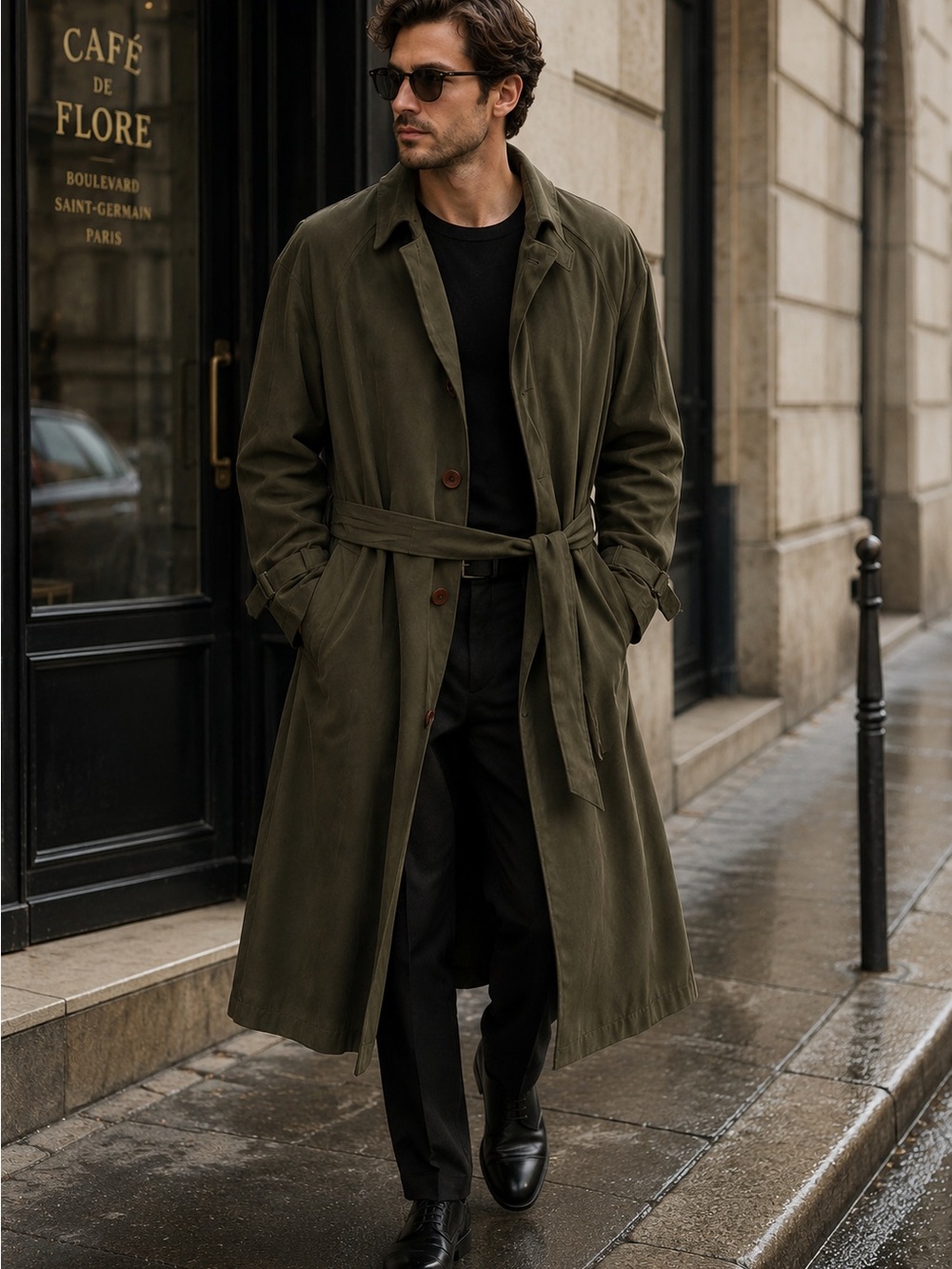 Men's Classic Olive Trench Coat with Belt